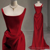 Sexy Mermaid Square Neckline Red Satin Floor Length Prom Dresses